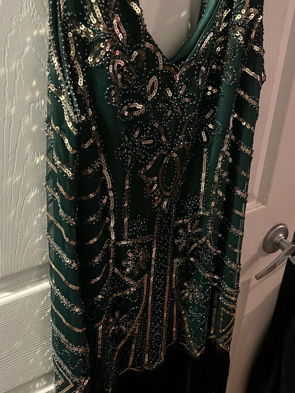 Emerald Green Beaded Flapper-Style Dress with Gold Sequins